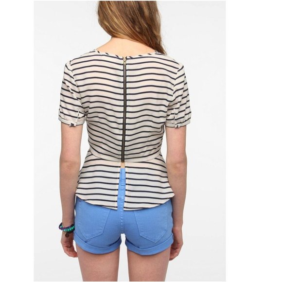 ANTHRO X PINS & NEEDLES Women's Cream Navy Blue Stripe Peplum Top XS Round Neck - Picture 10 of 14